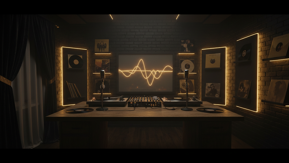 Wide angle view of a cozy home studio with DJ equipment and vinyl records