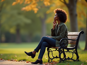 black women sitting thinking on park bench