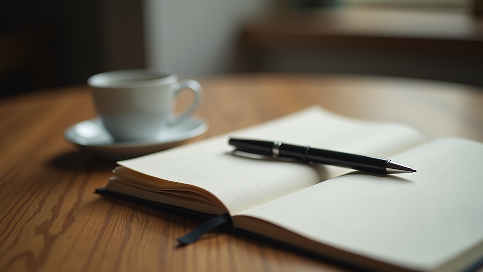 Close-up view of a journal and pen on a wooden table, symbolizing personal reflection