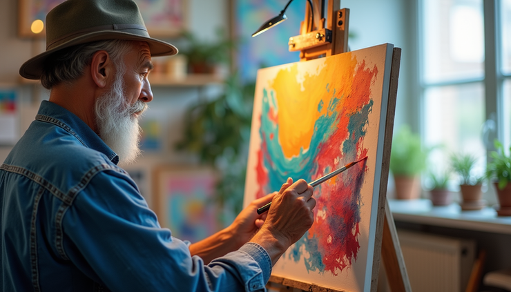 Eye-level view of a veteran painting a colorful abstract canvas in a bright art studio