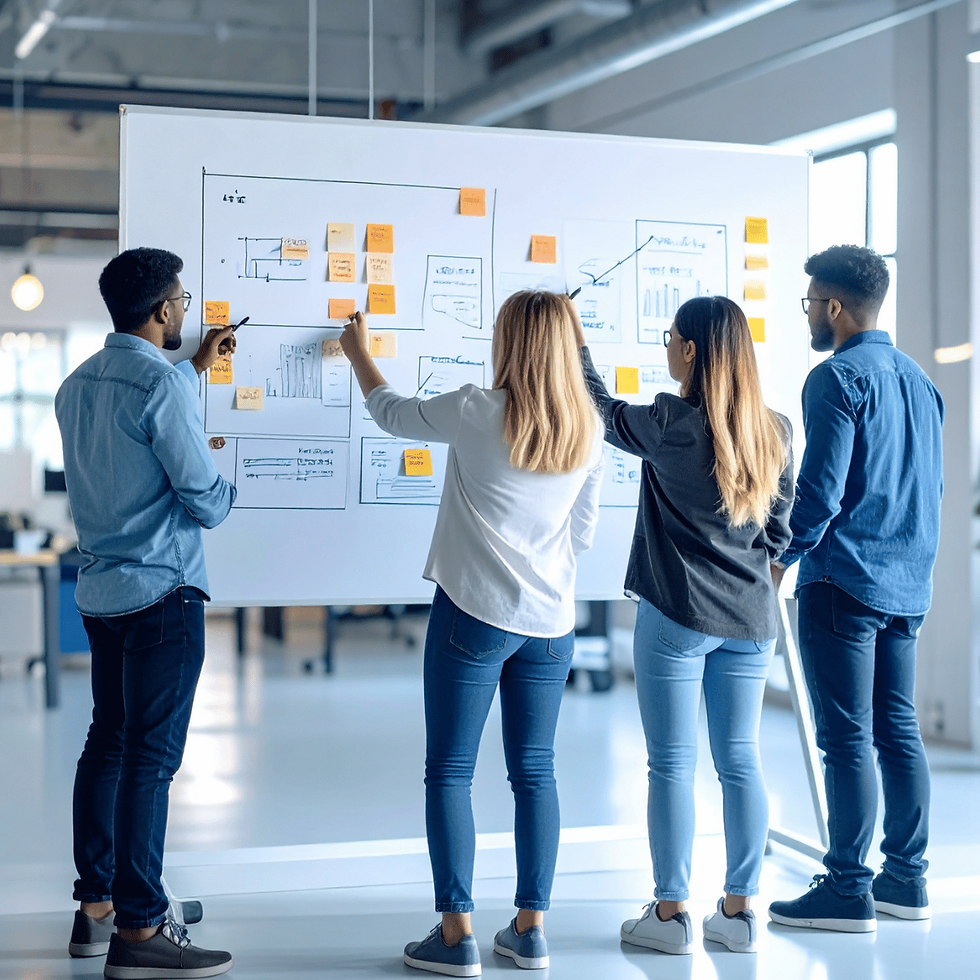 team of 4 markters at a whiteboard planning