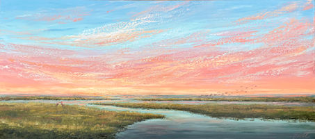 Vibrant coastal sunset painting with golden-hour reflections on ocean waves, perfect for seaside homes seeking tranquility and warmth.