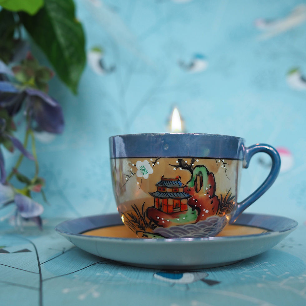 Vintage Japanese lustreware tea cup candle natural jasmine wax Chikaramachi pottery