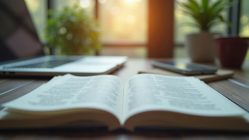 Eye-level view of a serene investment environment with a focus on a financial book