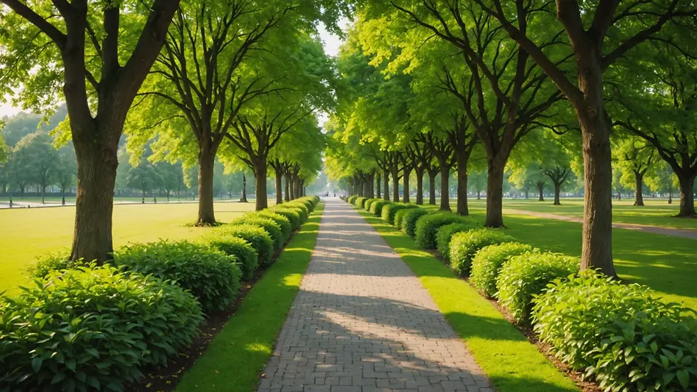 Eye-level view of a serene, green park pathway with minimal vehicle presence