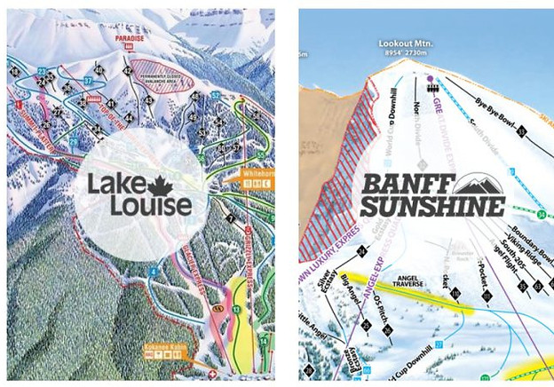 Trail maps for Norquay, Lake Louise, and Banff Sunshine.