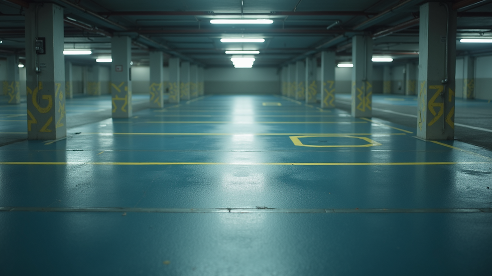 Close-up view of a secure parking area with well-marked spaces