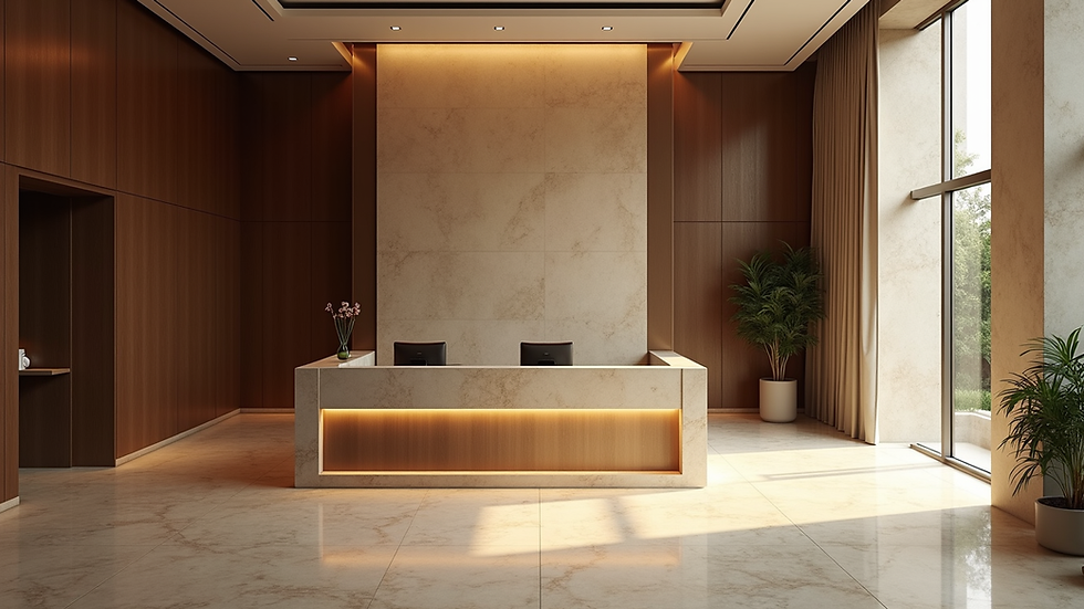 High angle view of a hotel lobby with a reception desk in Ikeja