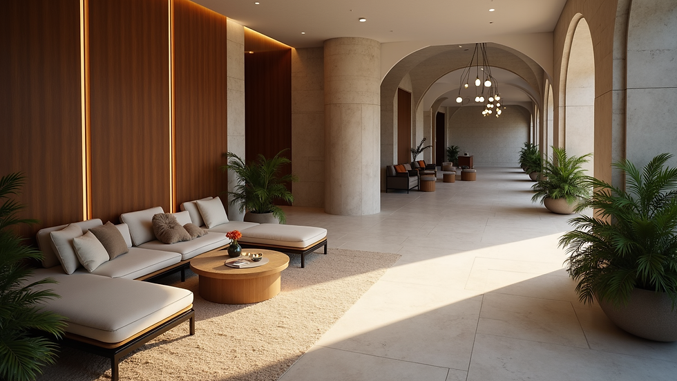 High angle view of a hotel lobby with modern decor and comfortable seating