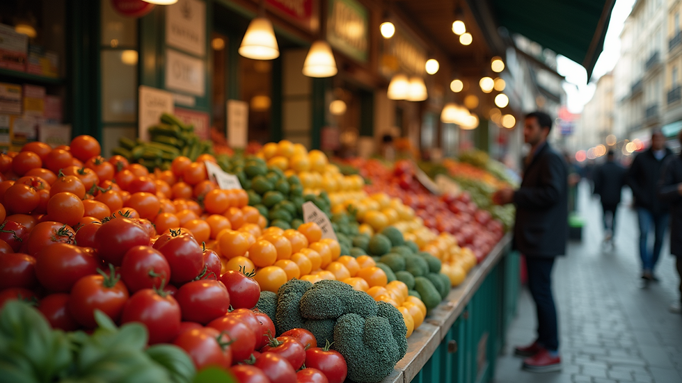 Eye-level view of a vibrant Italian market stall with fresh produce