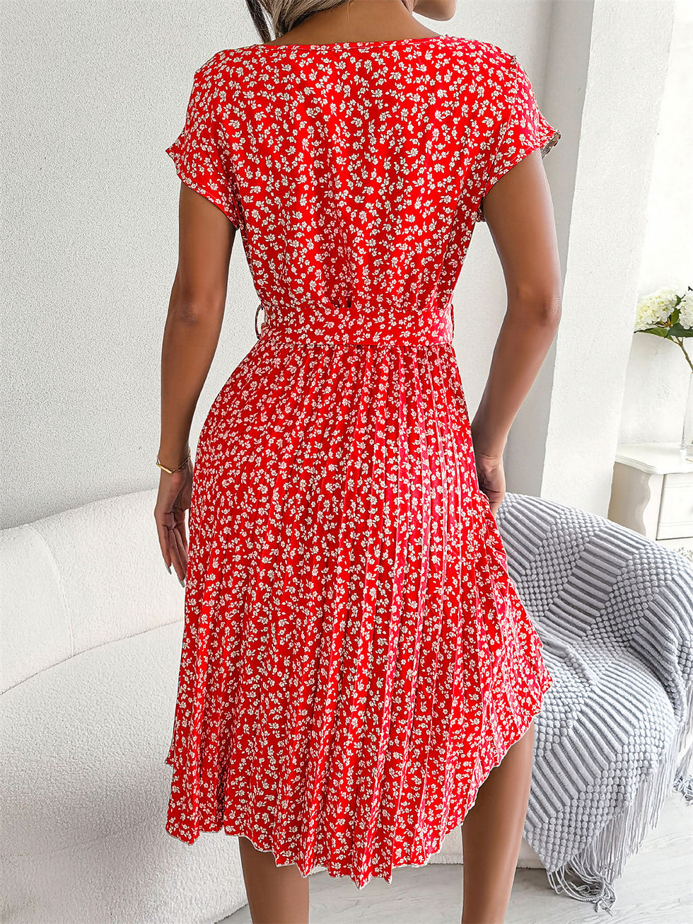 Thumbnail: Women Spring Summer Short Sleeve High Waist Chic Dress Fashion Floral Pleated A 