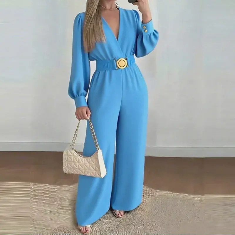 Fashion Commuting Jumpsuits Belt Lace Up Wide Legger Romper Casual Long Sleeve W