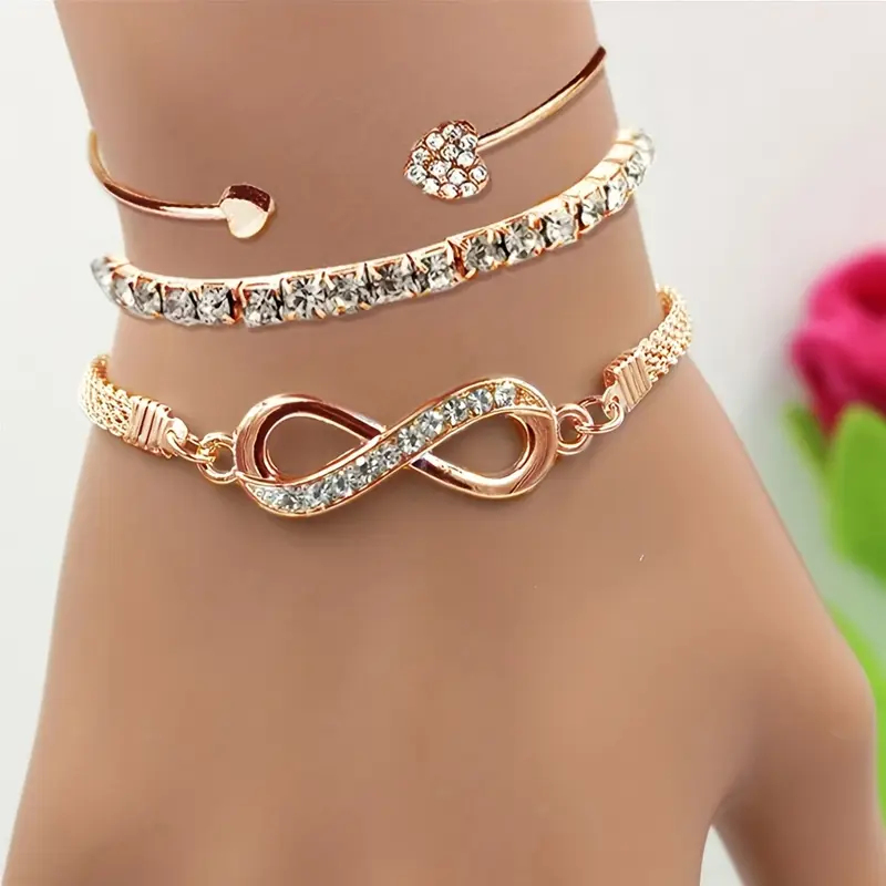3pcs/Set Vintage Crystal Rhinestone Heart Bracelets for Women Fashion Geometric