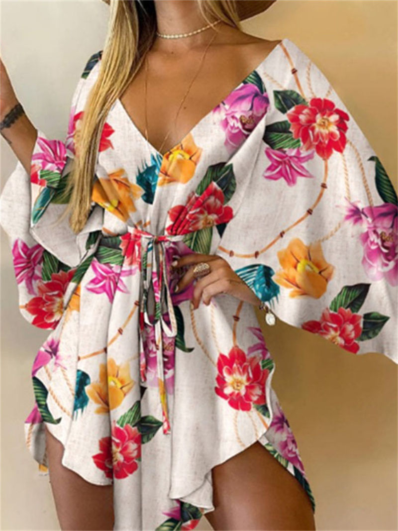 Women Print Dress Sexy V-Neck Bat Sleeve Ruffl Flowers Print Bohemian Beach Sund