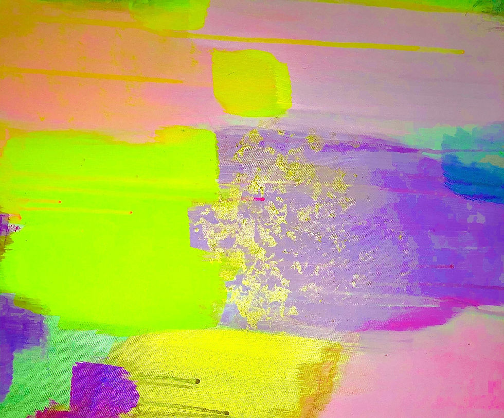 An abstract painting with neon green, purple, different shades of pink with large brush strokes.