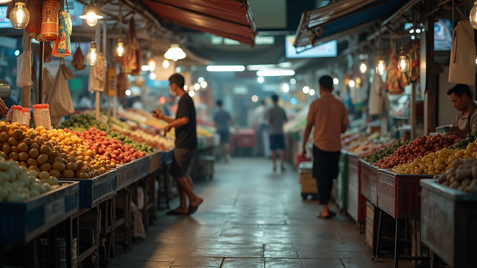 Eye-level view of a bustling Malaysian market with various stalls