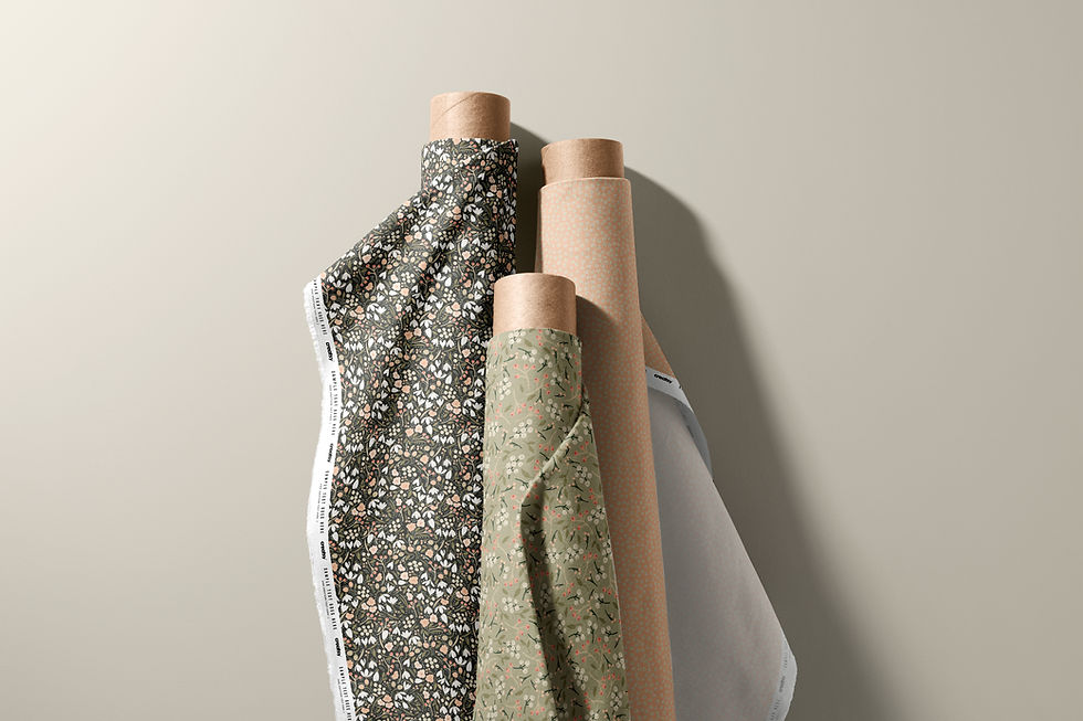 Rolls of fabric in snowdrop patterns