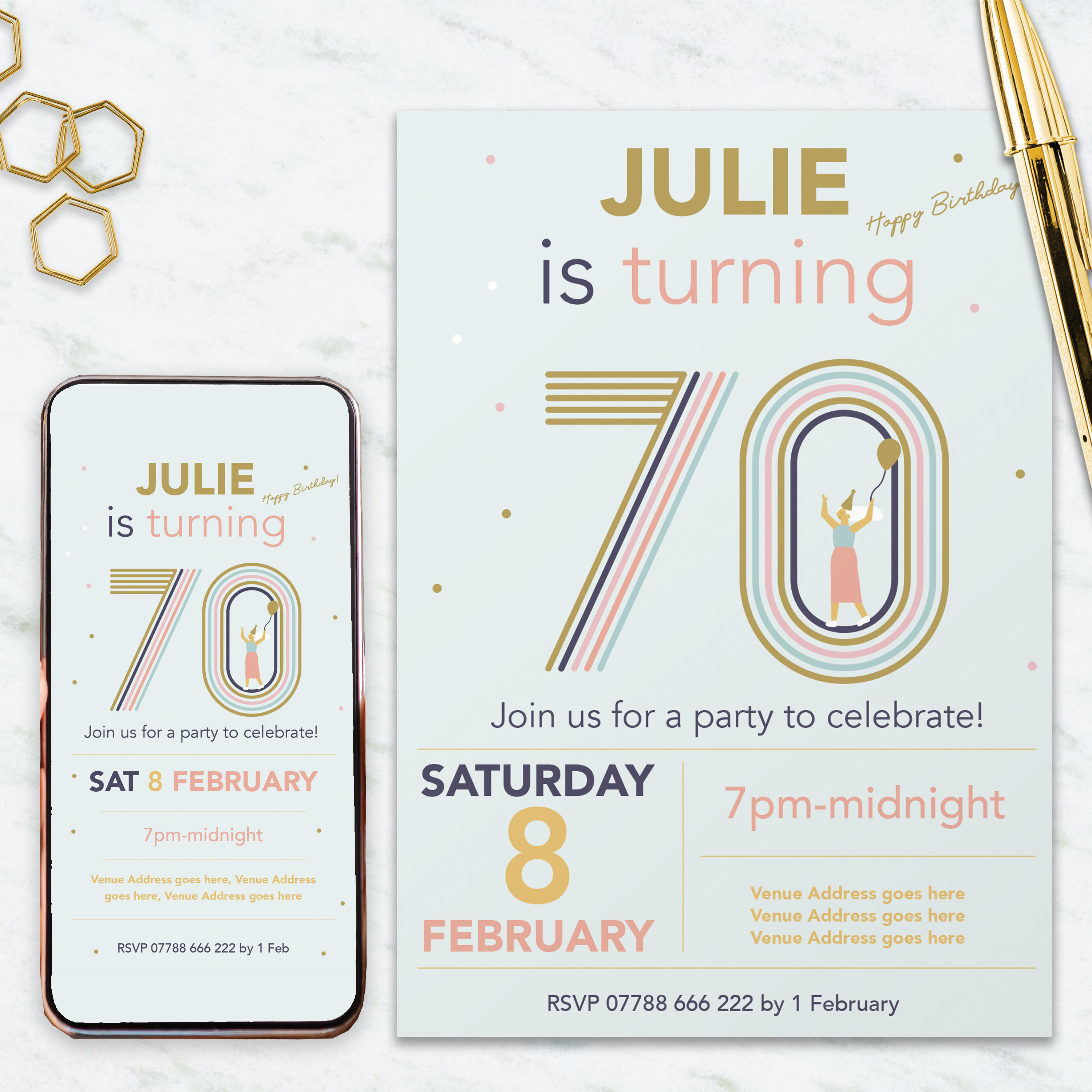 70th Party Invitation - Personalised Party Invitation, Mobile and Print version