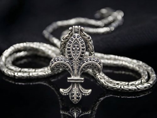 Fleur-de-lis Black Zircon 925 Sterling Silver Pendant Necklace