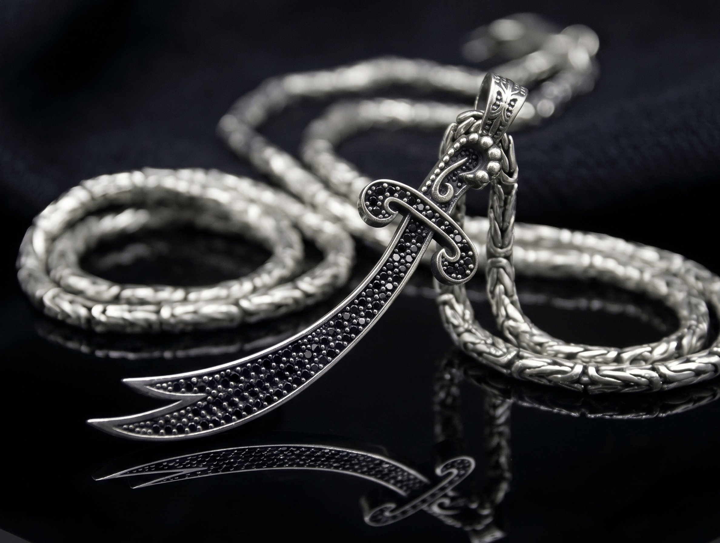 Ornate Scimitar Pendant - 925 Sterling Silver Curved Sword Necklace with Stone