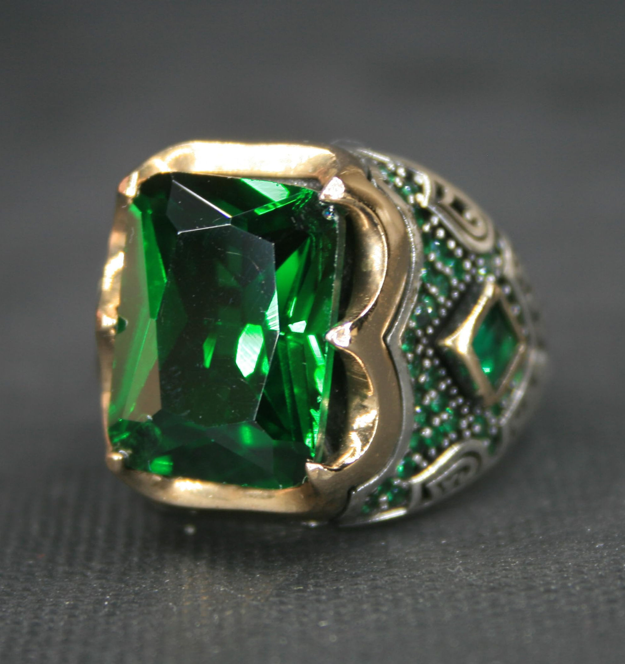 925 Sterling Silver Green Zircon Ring – Oxidized Vintage Style Handmade Men’s