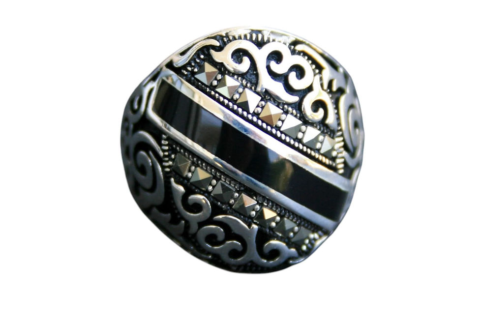 Thumbnail: 925 Sterling Silver Ring with Black Enamel Stripe and Zircon Accents – Handmade