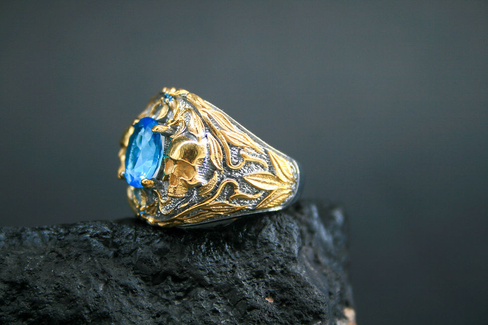 Thumbnail: Handcrafted Aquamarine Silver Ring-Gold Plated Skull Gothic Ring-Unique Handmade