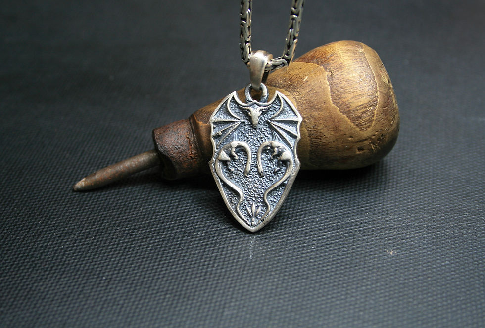 Thumbnail: Handmade Gothic Dragon Wing Pendant - 925 Sterling Silver Shield Necklace Charm