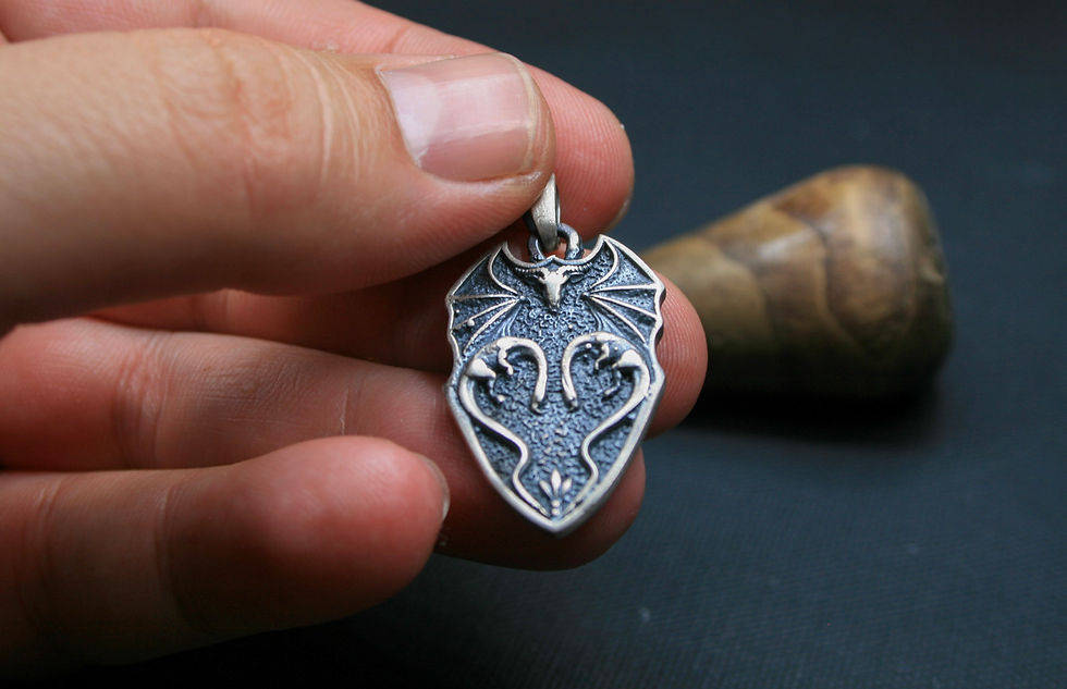 Thumbnail: Handmade Gothic Dragon Wing Pendant - 925 Sterling Silver Shield Necklace Charm
