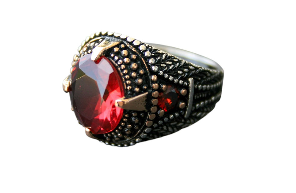 Thumbnail: 925 Sterling Silver Red Zircon Ring – Handmade Men’s Statement Ring – Bold and