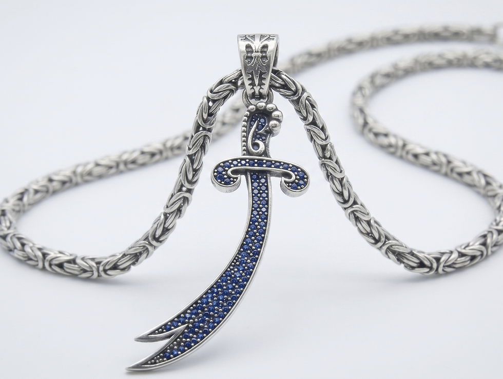 Thumbnail: Ornate Scimitar Pendant - 925 Sterling Silver Curved Sword Necklace with Stone