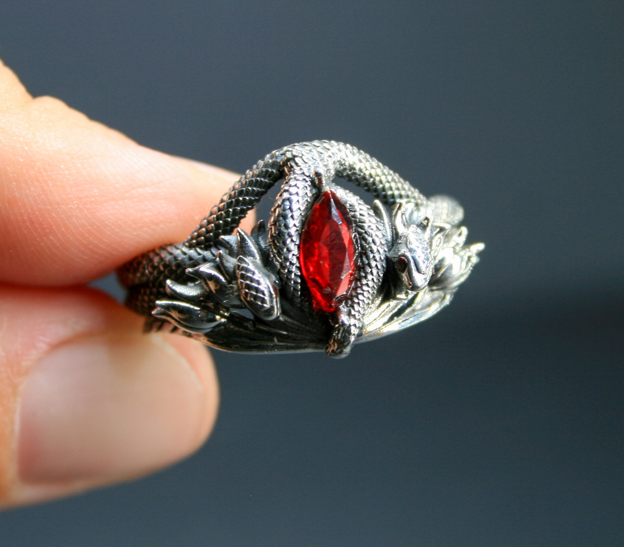 Barahir's Valor: Sterling Silver Ring with Red Zircon Stone