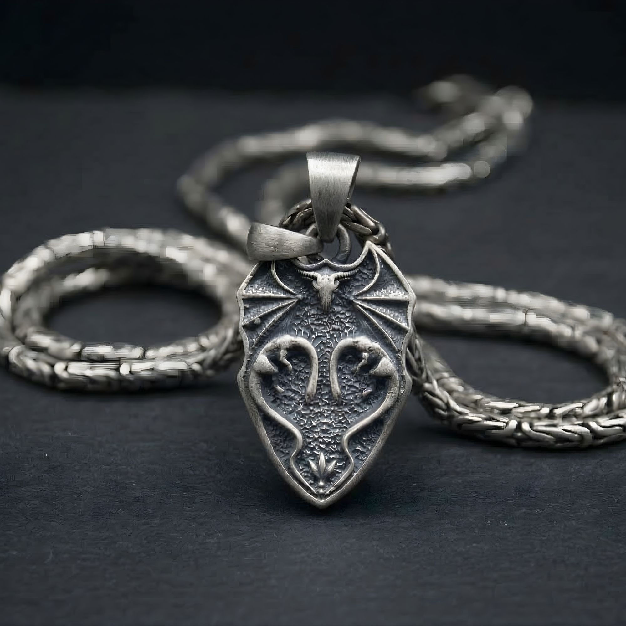 Handmade Gothic Dragon Wing Pendant - 925 Sterling Silver Shield Necklace Charm