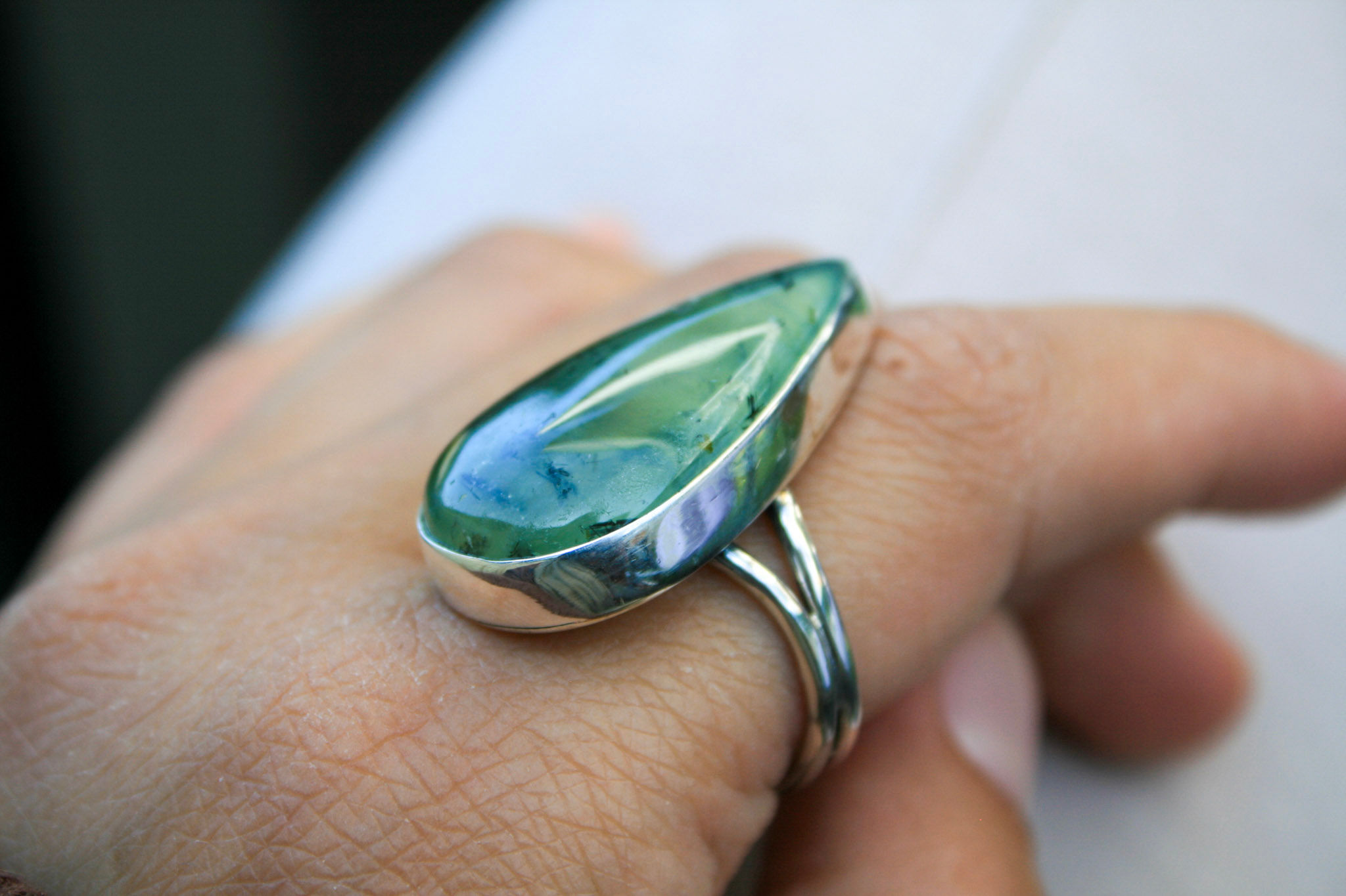 Prehnite Ring for Women 925 Sterling Silver, Teardrop Gemstone Jewelry, Handmade