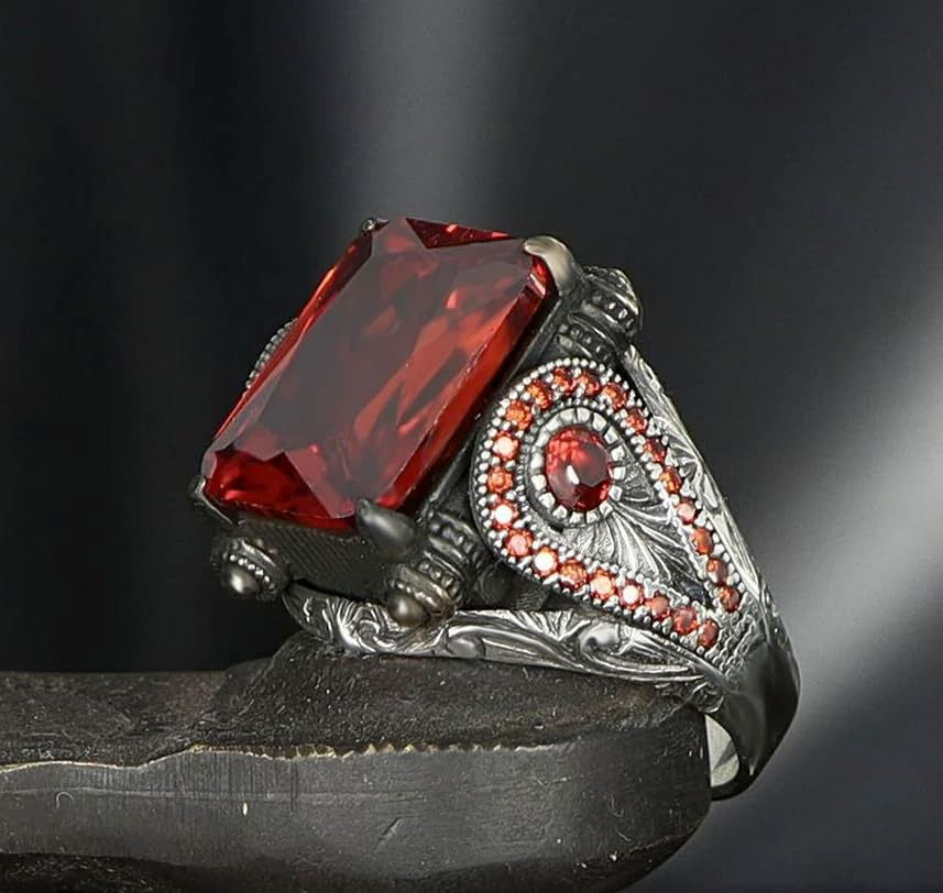 Thumbnail: Passionate Beauty: 925 Sterling Silver Ring with Red Zircon Stone and Basket