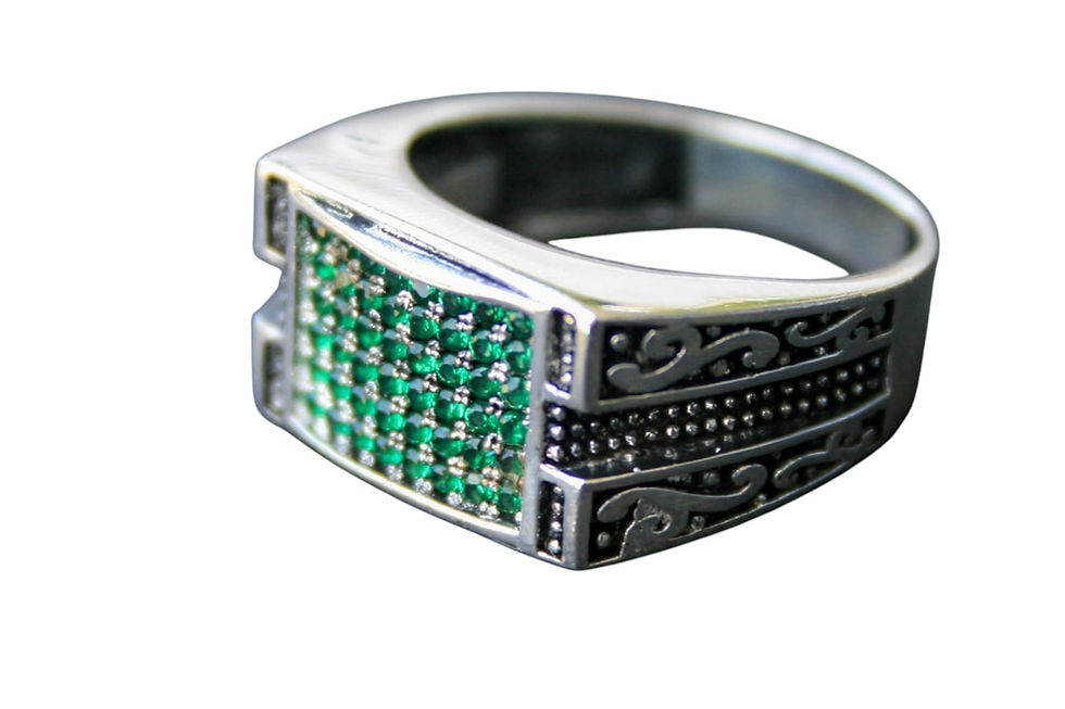 Thumbnail: 925 Sterling Silver Green Zircon Ring – Oxidized Vintage Style Handmade Men’s