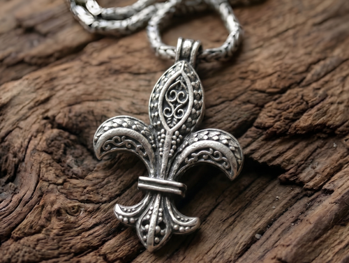Fleur-de-lis Black Zircon 925 Sterling Silver Pendant Necklace
