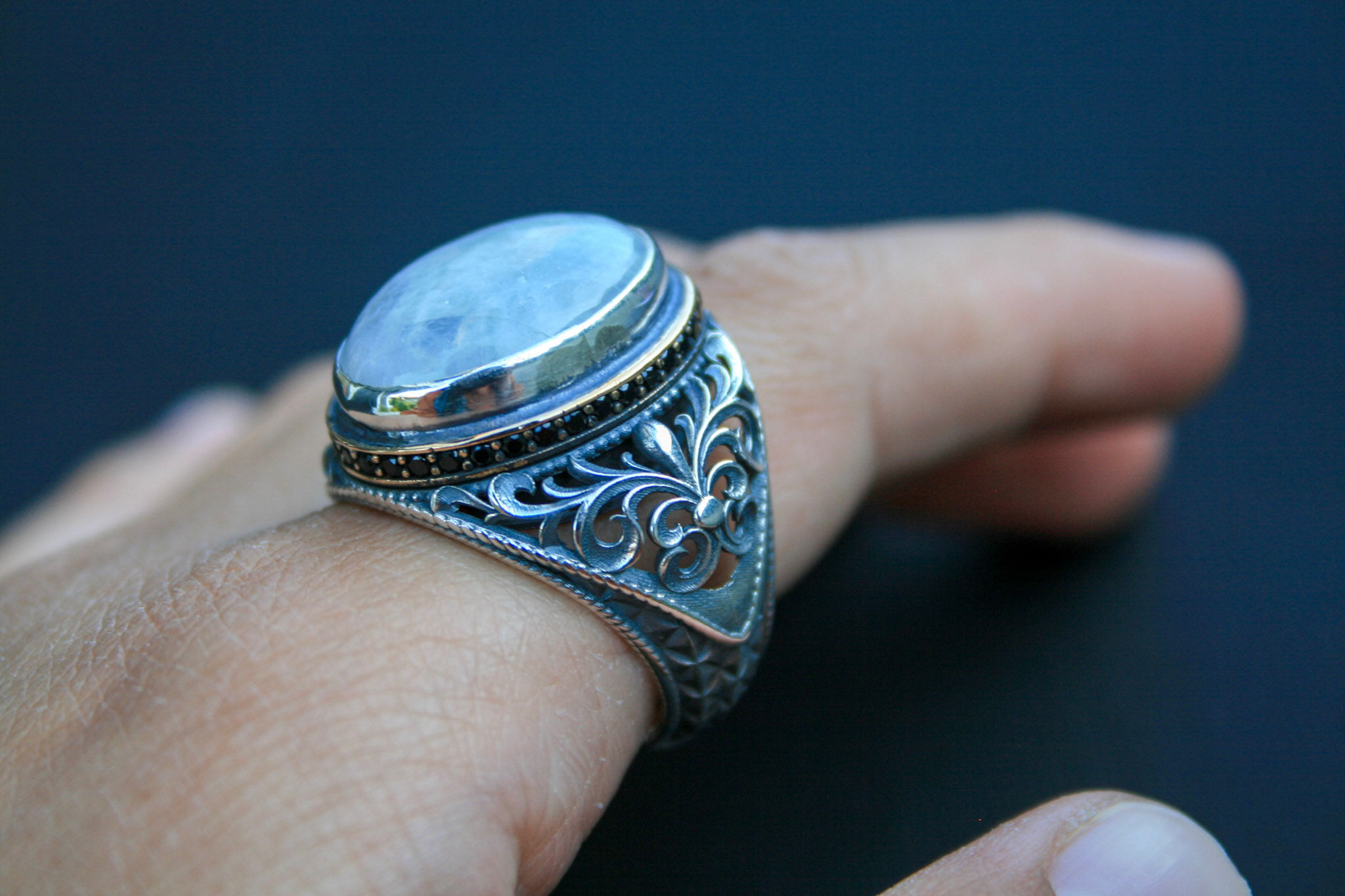 Handmade Sterling Silver Moonstone Ring – Vintage Style Rainbow Gem, Unique Gift