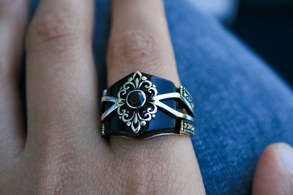 Thumbnail: 925 Sterling Silver Black Onyx Ring with Black Zircon Detailing – Handmade