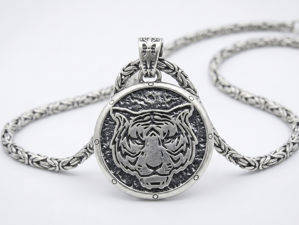 Thumbnail: Fierce Tiger Face Medallion 925 Sterling Silver Pendant