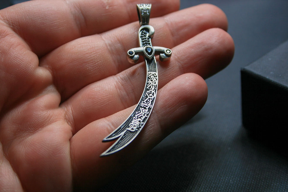 Thumbnail: Handmade Ornate Curved Sword Pendant - 925 Sterling Silver Calligraphic Dagger