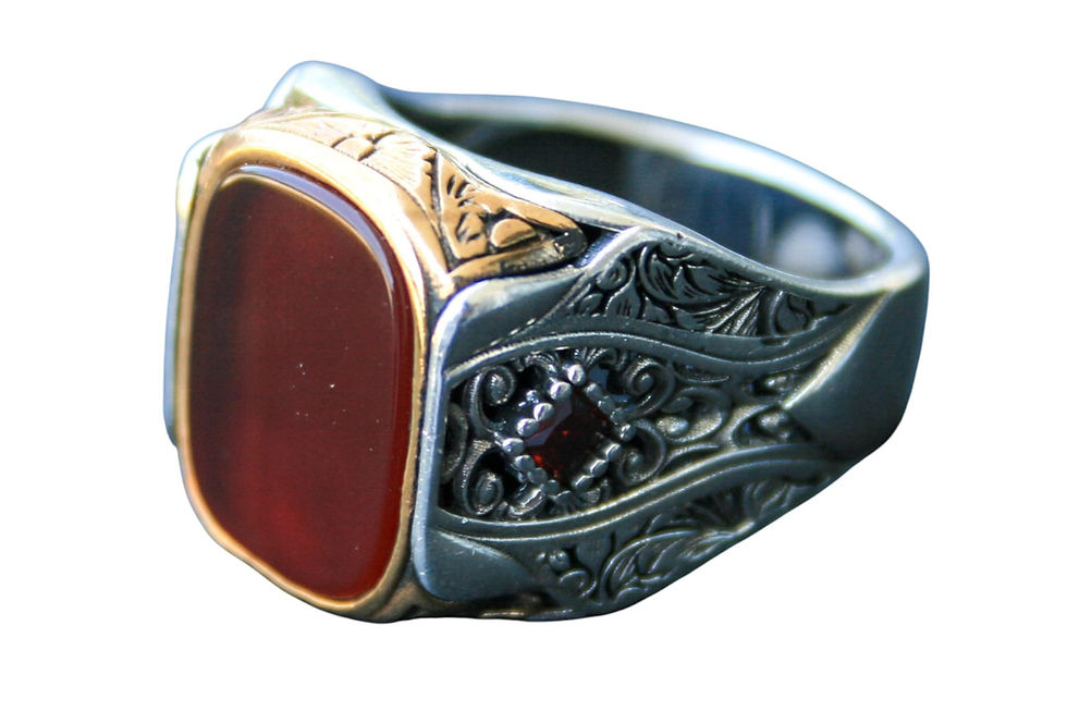Thumbnail: 925 Sterling Silver Ring with Red Agate Stone – Handmade Natural Gem Design -