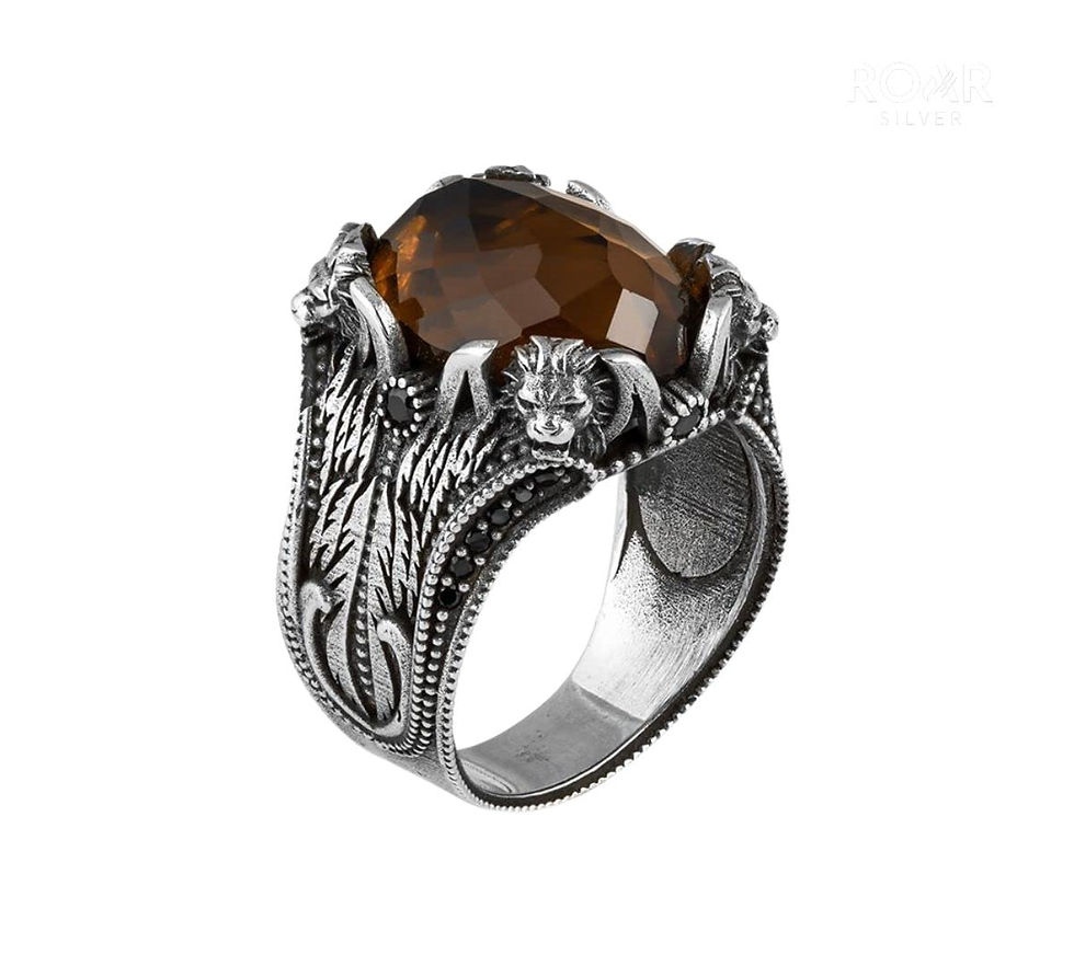 Thumbnail: Lion Model Ring-Zircon Ring-925k Unisex Silver Jewelry-Vintage Gemstone