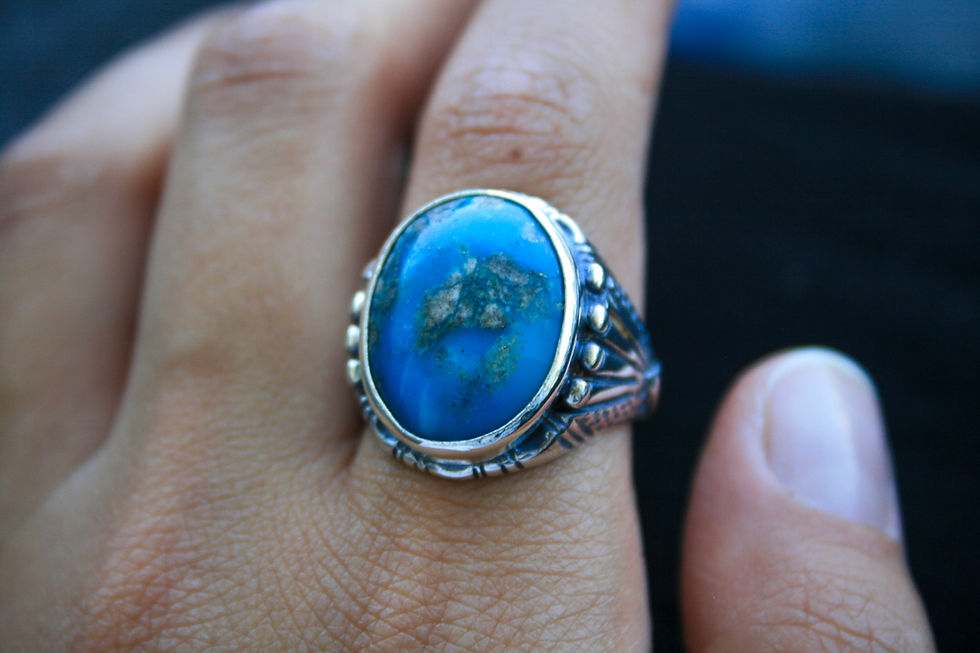 Thumbnail: Unisex Sterling Silver Ring with Natural Turquoise – Detailed Vintage Engraved D