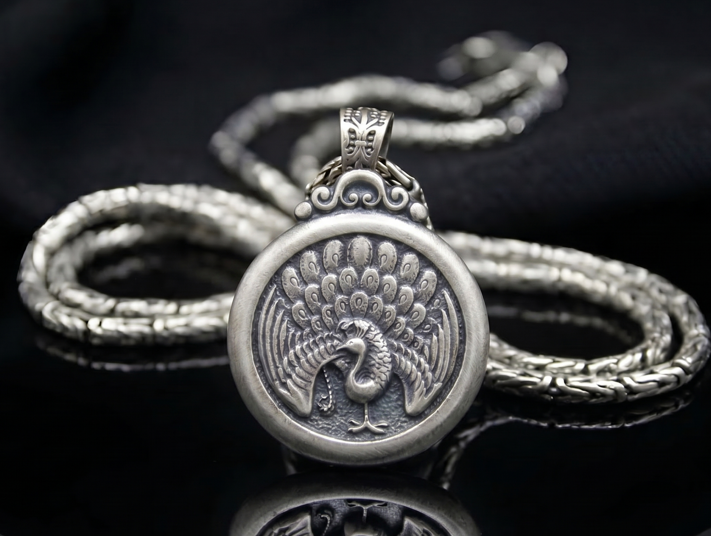 Majestic Peacock Medallion 925 Sterling Silver Pendant
