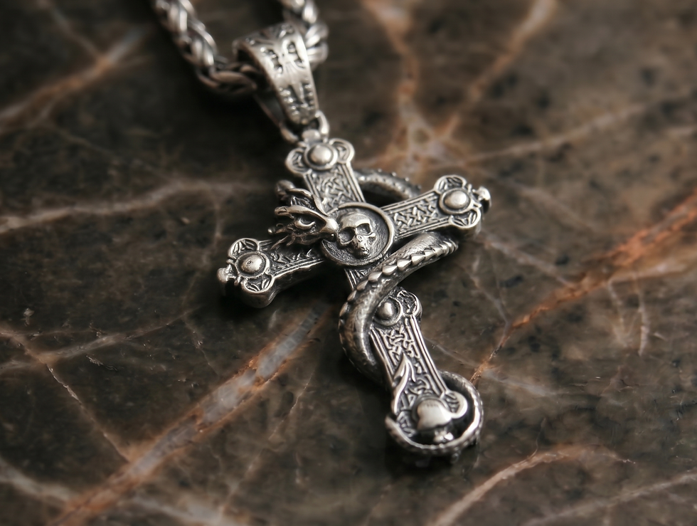 Thumbnail: Dragon and Skull Cross 925 Sterling Silver Pendant