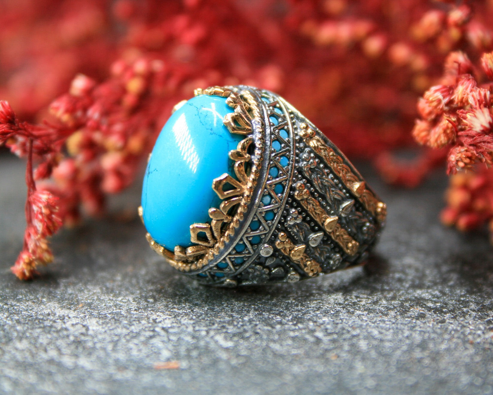 Modern Patterned Turquoise Stone Unique Silver Ring