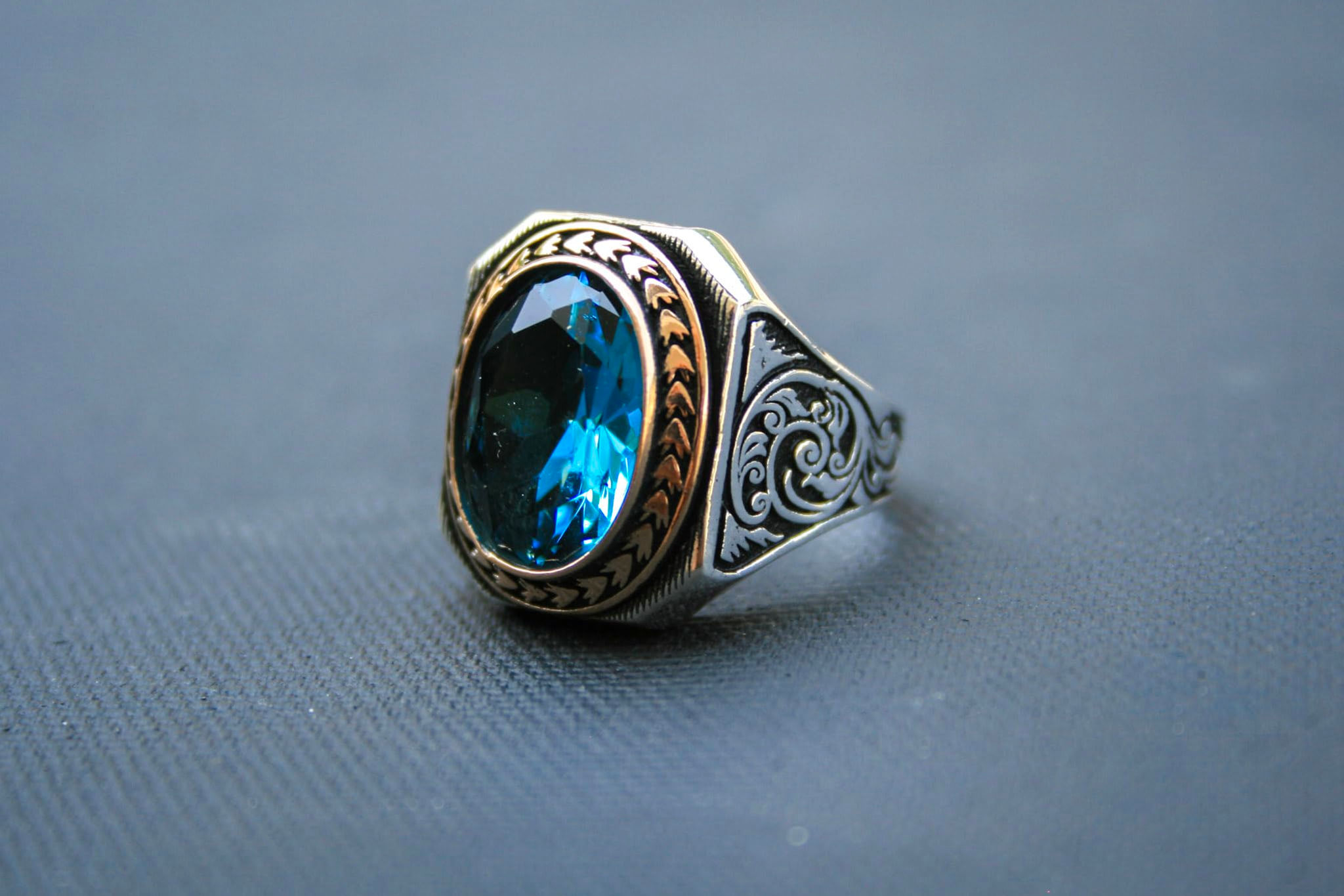 925 Sterling Silver Blue Zircon Ring – Handmade Men’s Vintage Style Ring – Deep