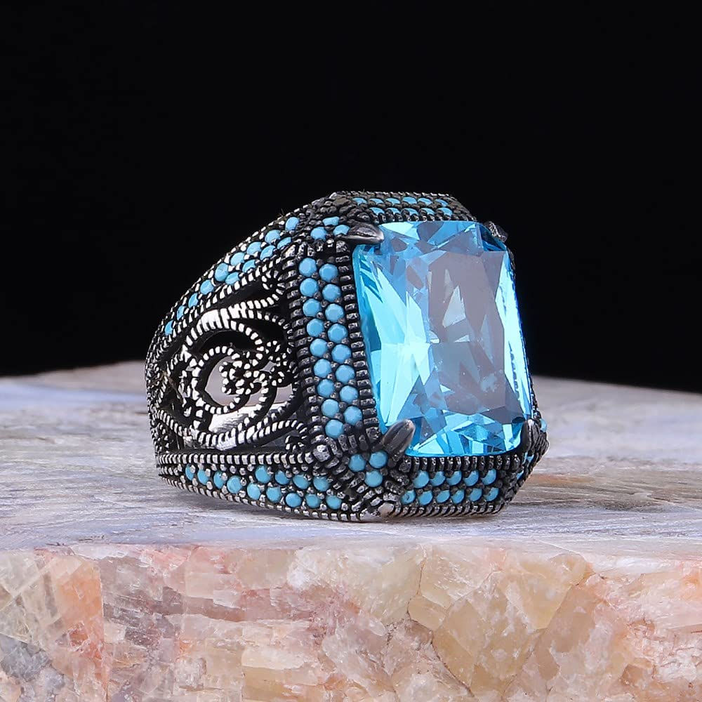 Natural Aquamarine Stone Silver Ring-Handmade Ring-Jewelry Gift For Him and