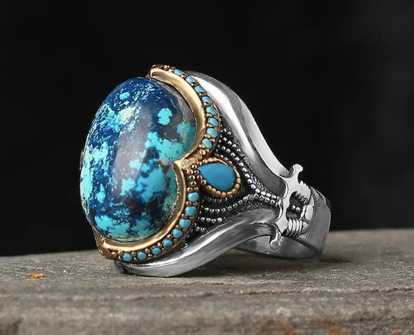 Thumbnail: Azurite Stone Silver Man Ring-925k Silver Mens Ring-Handmade Mens Ring-Silver
